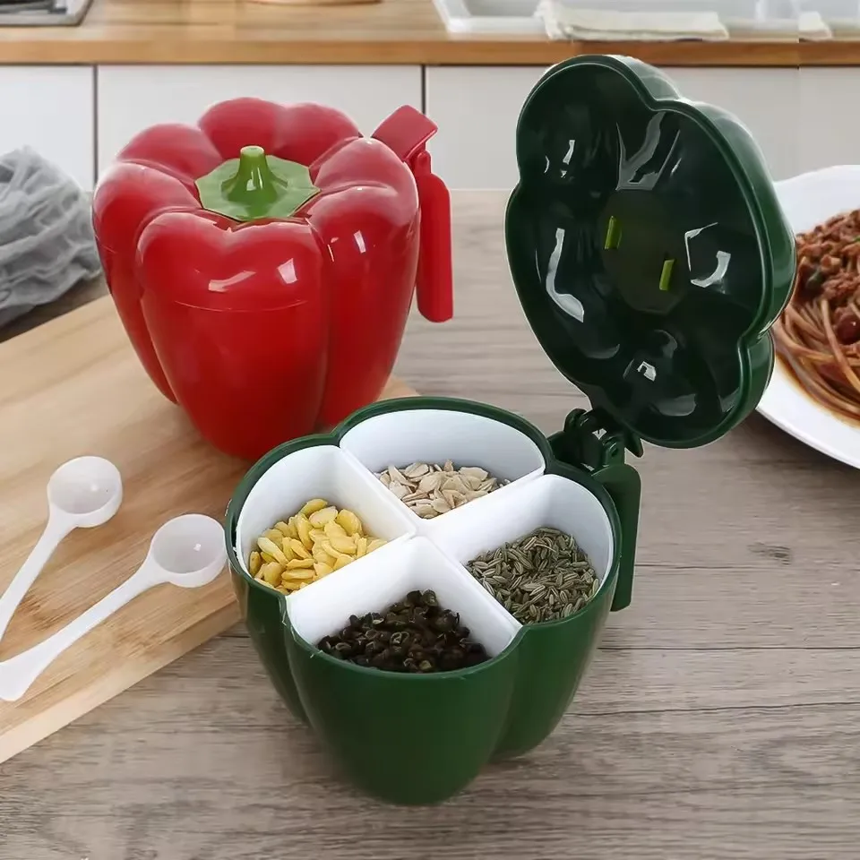 Plastic Creative Chili Shape Sealing Seasoning Box 4 In 1 Multi Grids Spice Jars Salt Pepper Kitchen Condiment Storage Container