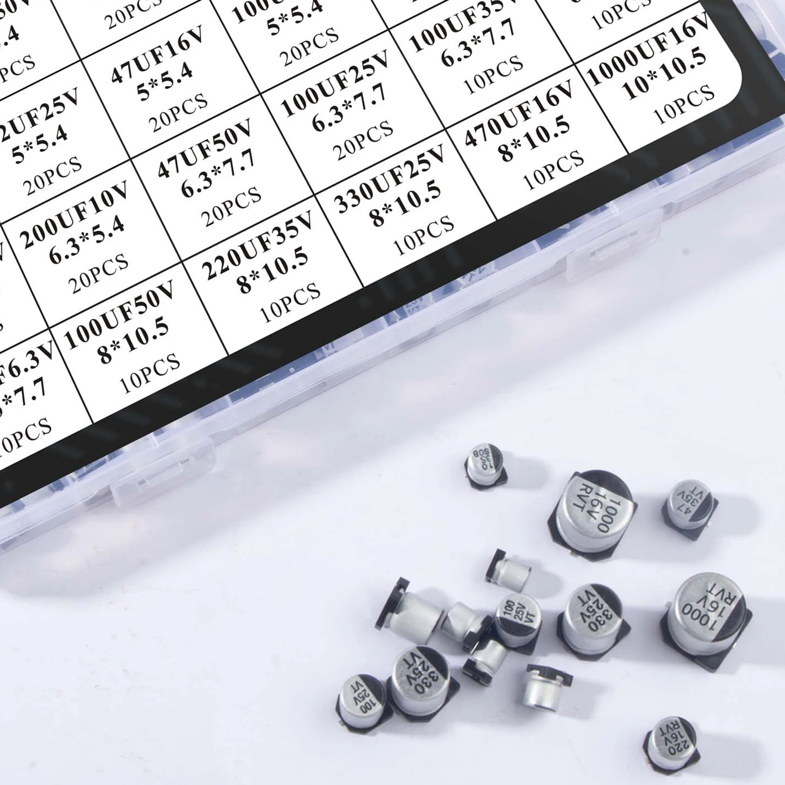 مجموعة متنوعة من المكثفات الإلكتروليتية 24 قيمة SMD تجاوز ألومنيوم منخفض التردد مع صندوق تخزين 1 فائق التوهج - 1000 فائق التوهج