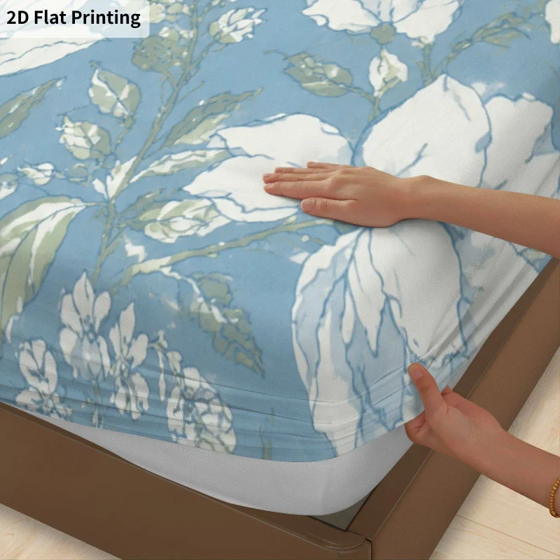 3Pcs Floralblue Fitted Sheet Three Piece Set (1*Fitted Sheet + 2*Pillowcases, Coreless), Bedding Set