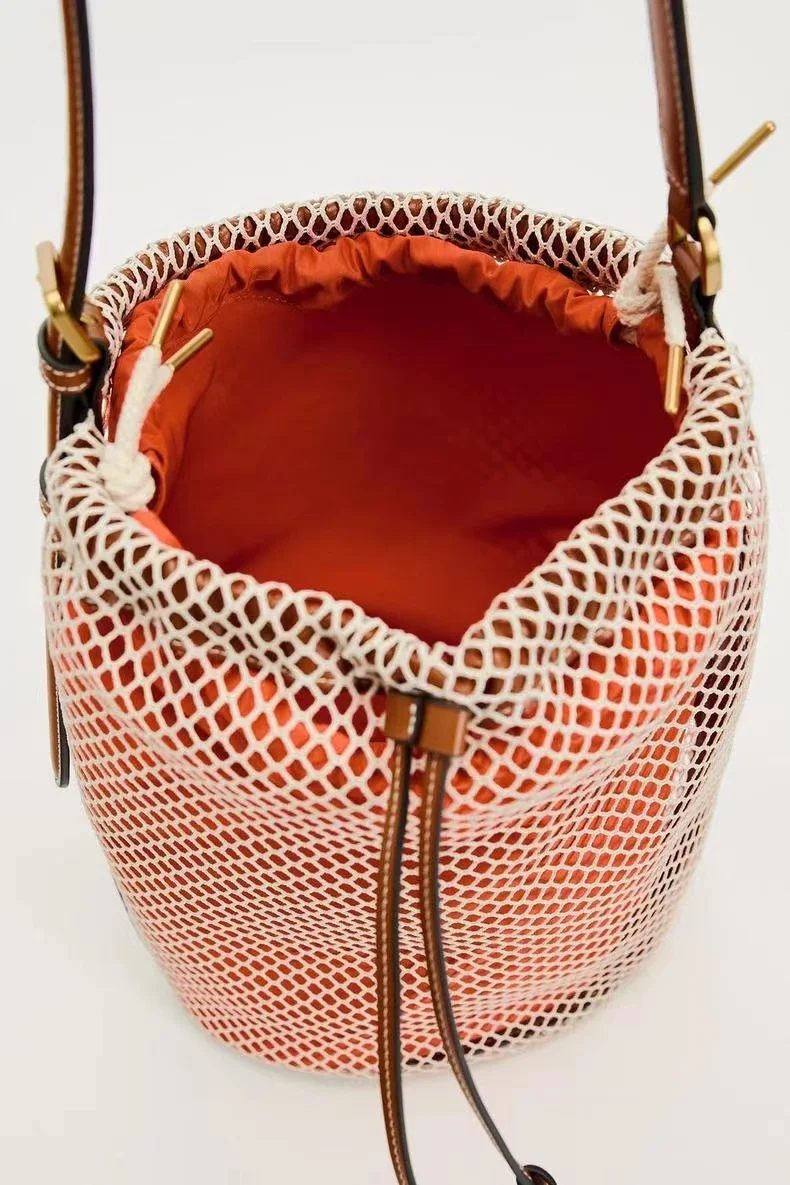 Designer Braided Crochet Net Bag Women Casual Woven Summer Travel Woven Beach Bucket Tote Bag Purse 2024 New Handbag