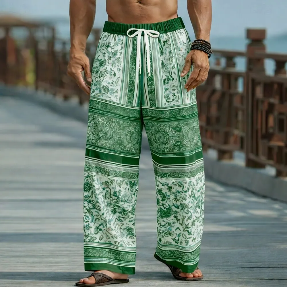 Herren 3D Blumenmuster Ethno-Print Freizeithose, Baggy Mid-Waist, Elastischer Kordelzug, Frühling/Sommer 2026 Urlaubshose – Detail 3