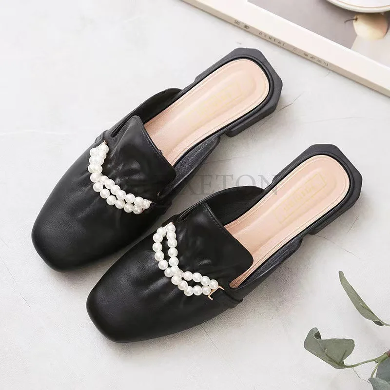 Women Slippers 2024 New Summer Fashion Slip on Flat Soled Muller Korean Cute Casual Outdoor Pearl Toe Square Toe Women Shoes