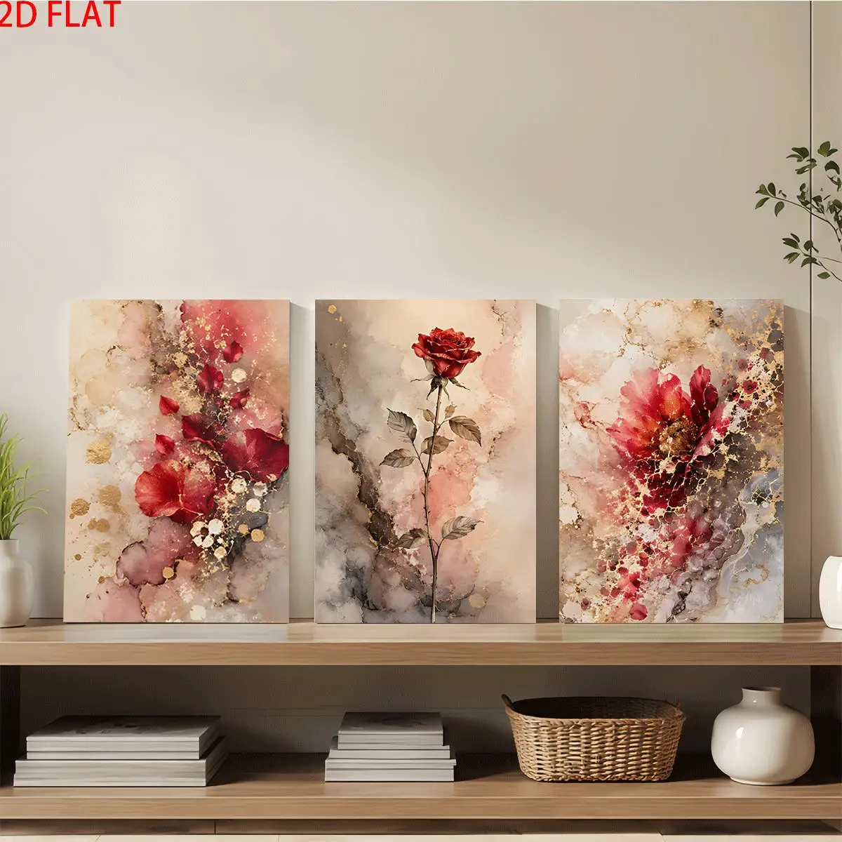 Frameless Canvas 2D Flat 3pc Wall Art – Three Paintings With Red Flowers And Gold Patterns On Marble Backgrounds Perfect For