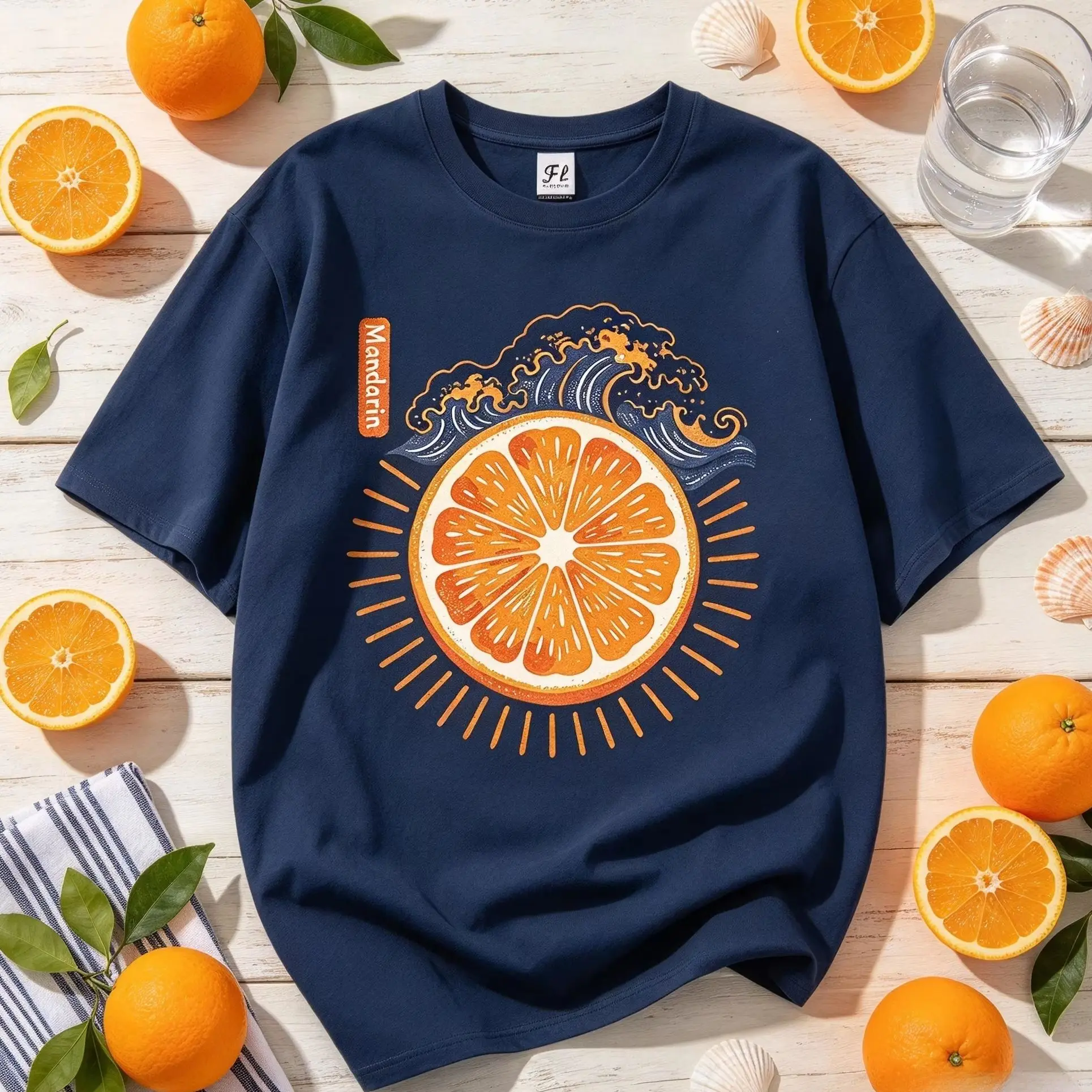 Women Mandarin Orange Slice Japanese Wave Graphic T Shirt Creative Fruit Ocean Art Casual Short Sleeve Tee