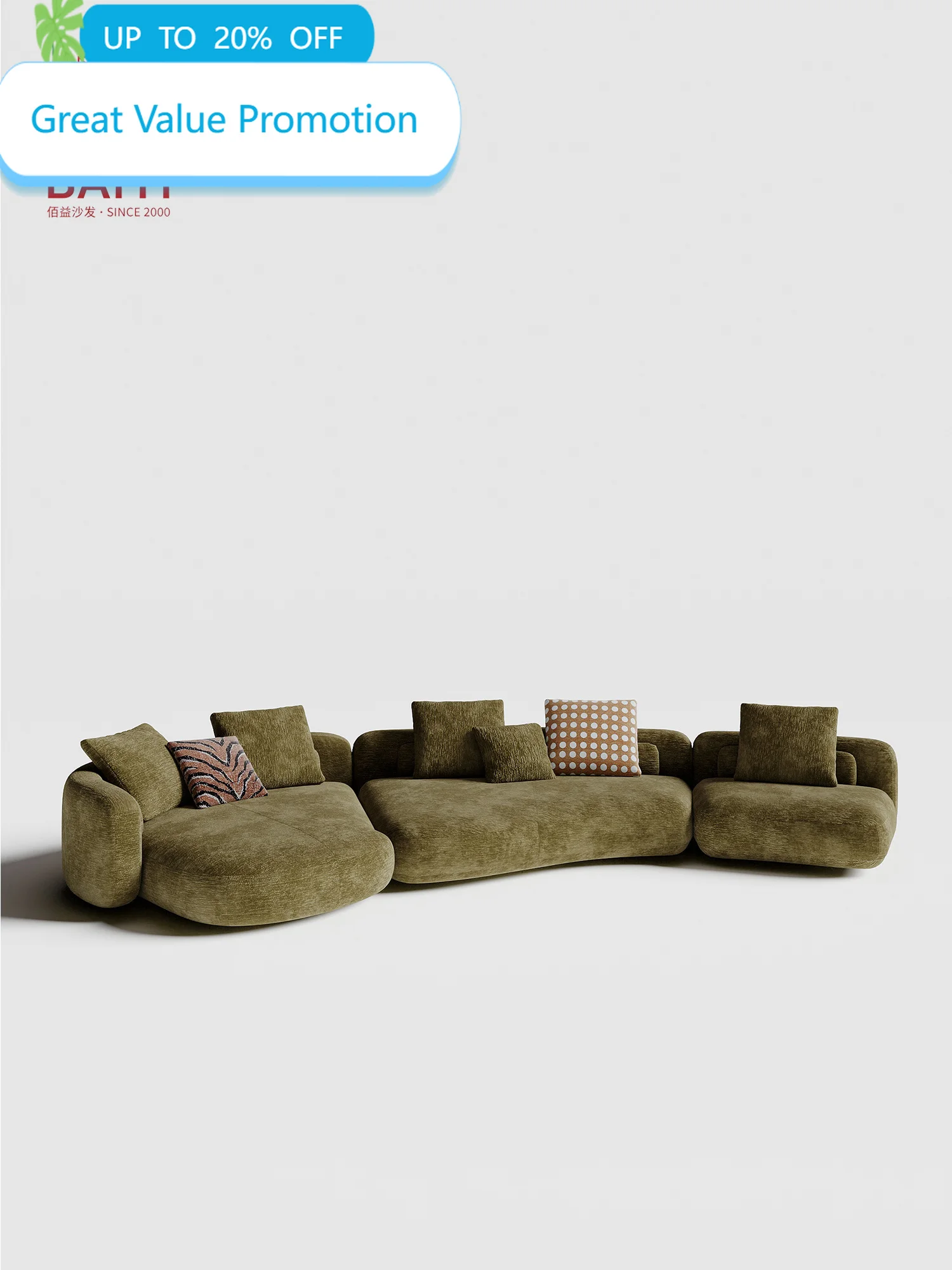 BAIYI Olive Green Curved Modular Sofa Chenille Organic Shape Corner Chaise Deep Seat Low Profile For Living Room Villa