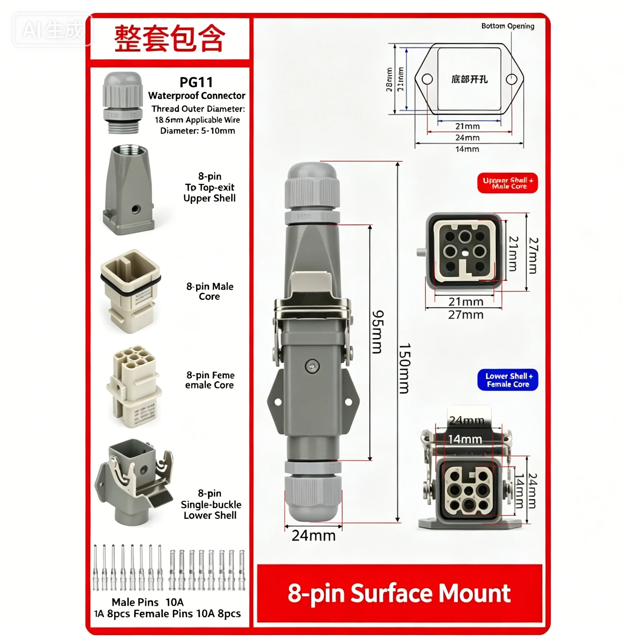 HDC-HA003 HDC-HA-008 Heavy-Duty Connector 8-Pin Side Top Eject Rectangular Aviation Plug Docking Horizontal Hot Runner Flow
