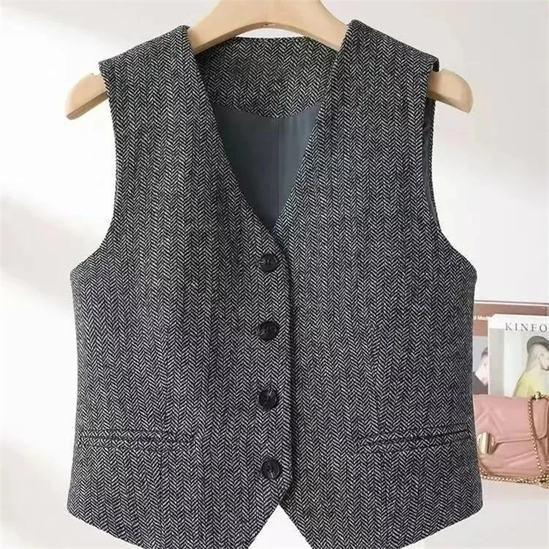 2025 Chaleco de espiga con cuello en V Retro de estilo británico, chaqueta ajustada a la moda para mujer, nuevo combinado con chaquetas sin mangas, Top informal