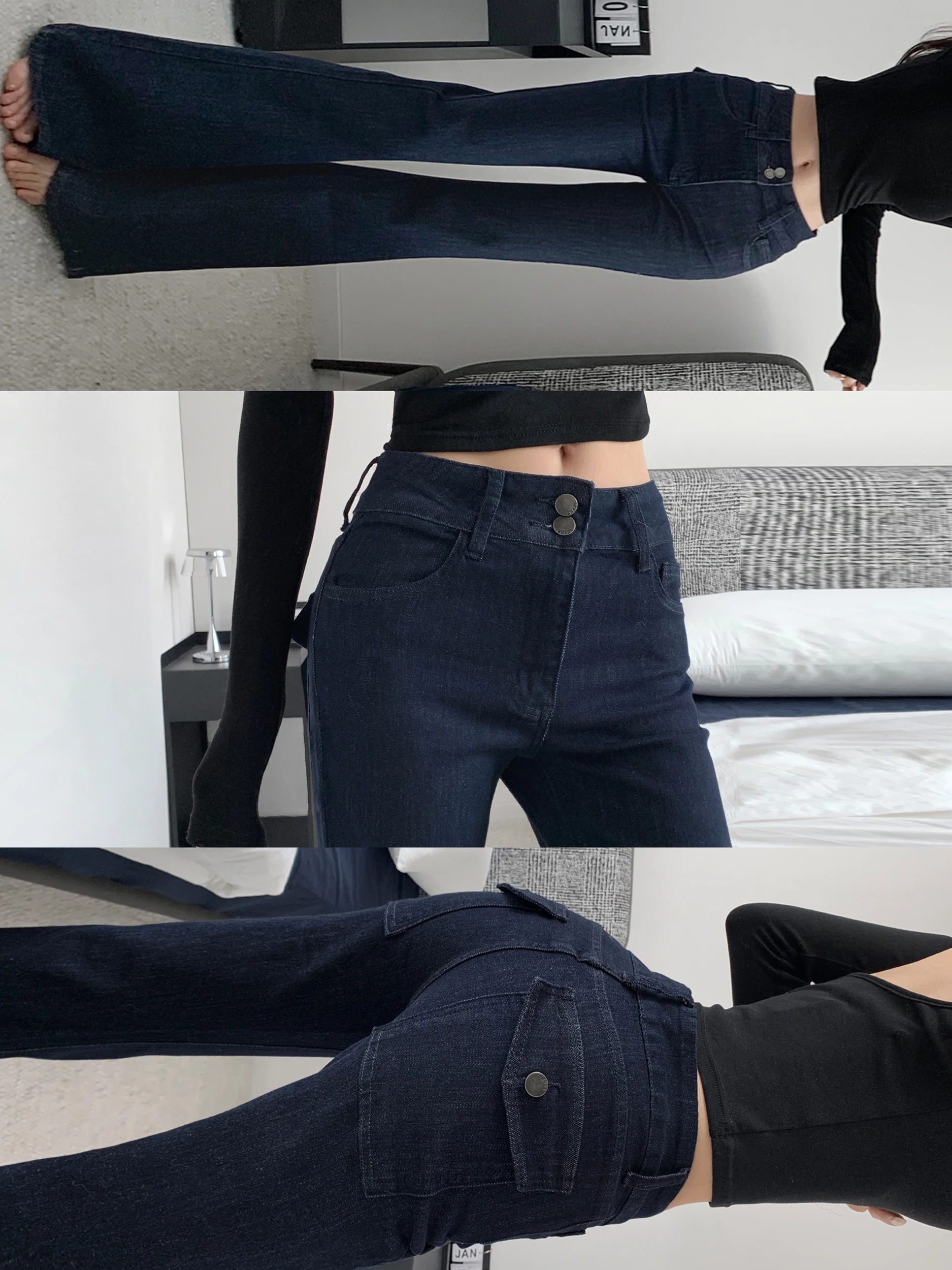 

Zhang Zi Spicy Girl Sle Leg Lengthening Slim Fit Low Waist Bell Bot Jeans Double Bule Design Spring Slimming Jeans