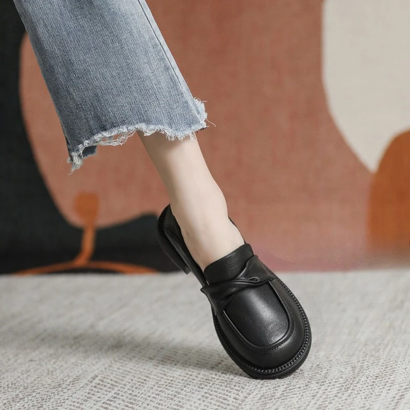 Mocasines negros de piel auténtica para mujer, estilo coreano británico, sin cordones, suela gruesa, versátil, gran oferta, superventas