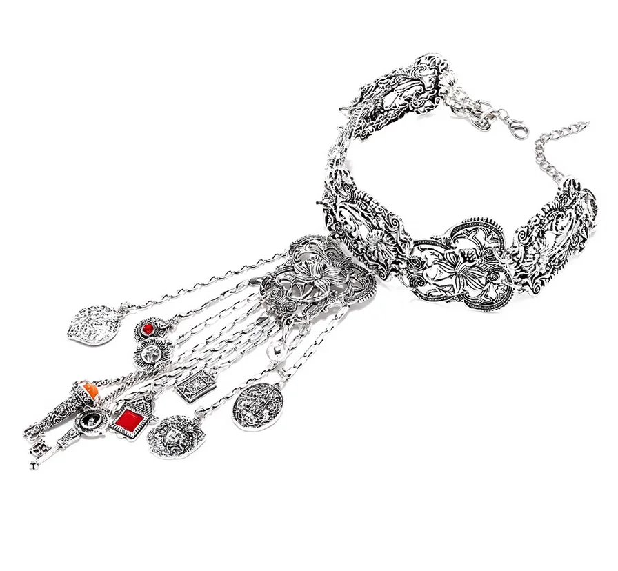 Europe and the United States big exaggerated alloy coins long metal tassel necklace