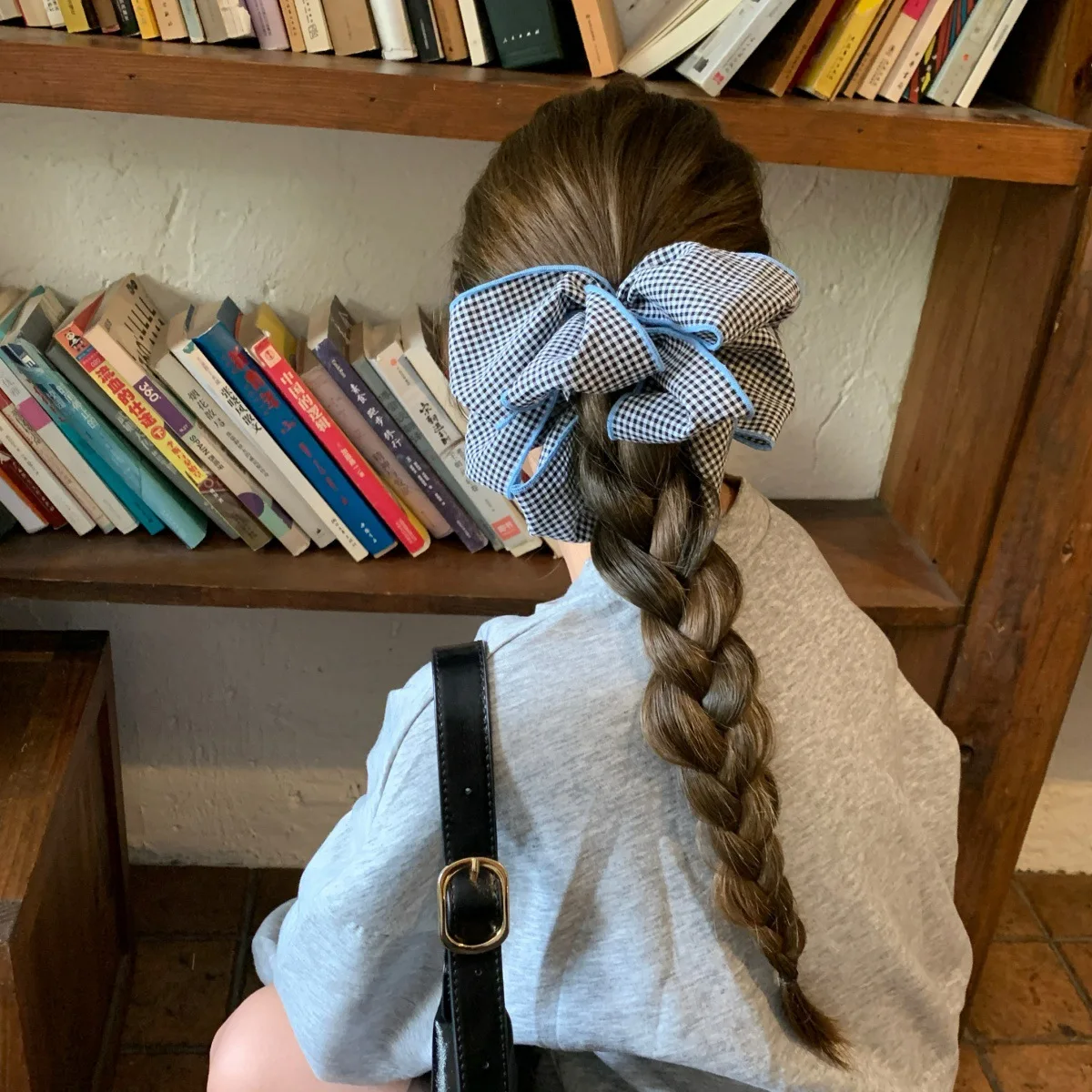 Color Blocked Blue Plaid Pleated Hairband Back of The Head Sweet Hair Ropes Large Elastic Rubber Bands Headband for Women Girls