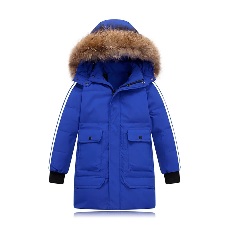 Boys Medium Length Down Jacket Blue Red Black Baby Thickened Coat Big Childrens Kids Fur Collar Hooded Jacket Clothes Winter