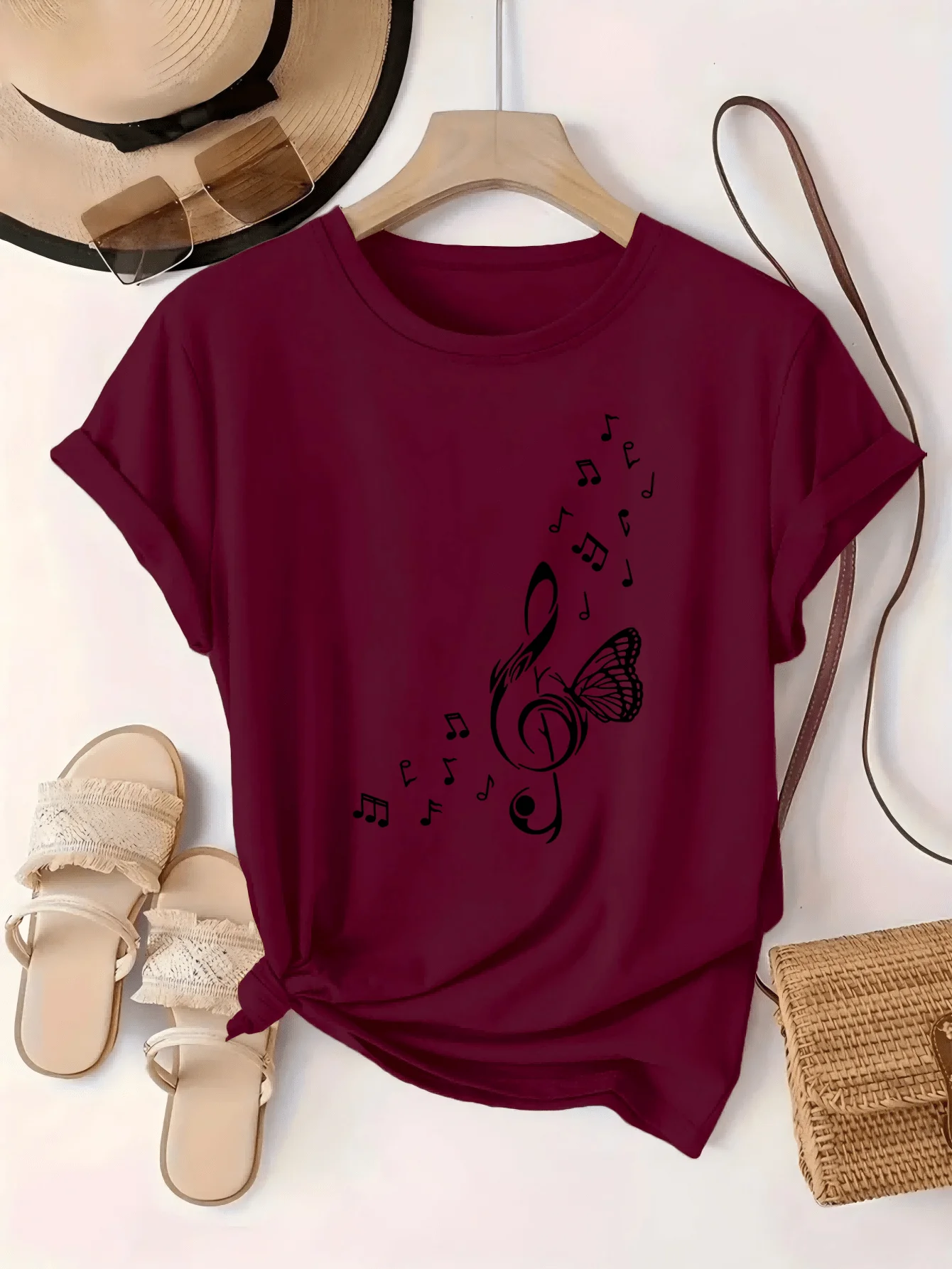 New Note Pattern T-shirt for Women, Spring/summer Printed Short Sleeved Women's Top, Round Neck Casual Top