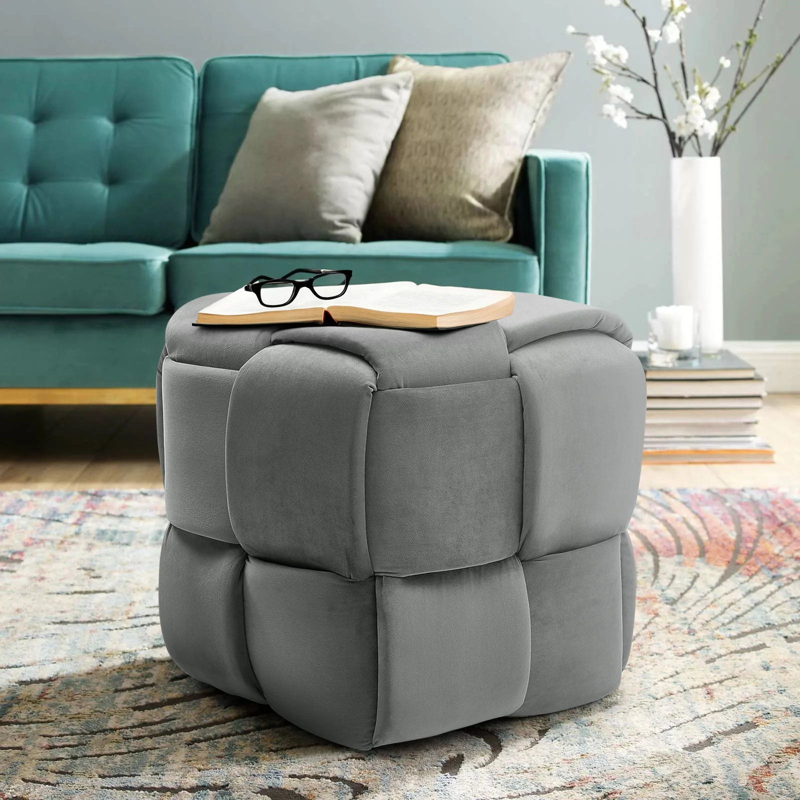 Multi-functional Grey Fabric Comfy Square Footstool