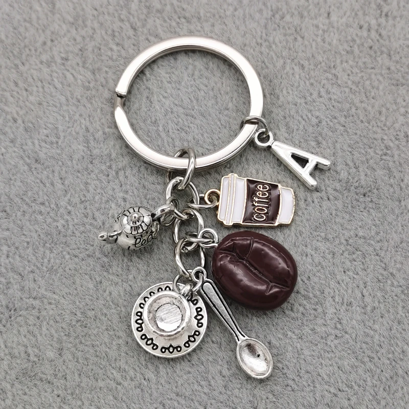 Coffee Keychain A-Z Letter Charm Teapot Bean Cup Spoon Fashion Accessory for Coffee Lovers Gifts