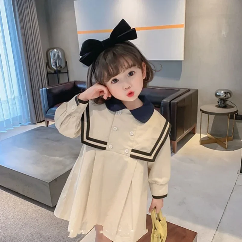 

Girls' Dress British Style Navy Collar Little Cute Long-Sleeved Student Summer Spring School Dress Baby Kids Children'S Clothing