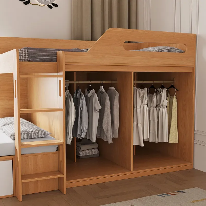 for All Solid Wood Bunk Beds Semi High Low Staggered Upper Lower Bunks Multi Functional Large Capacity Storage Wardrobe