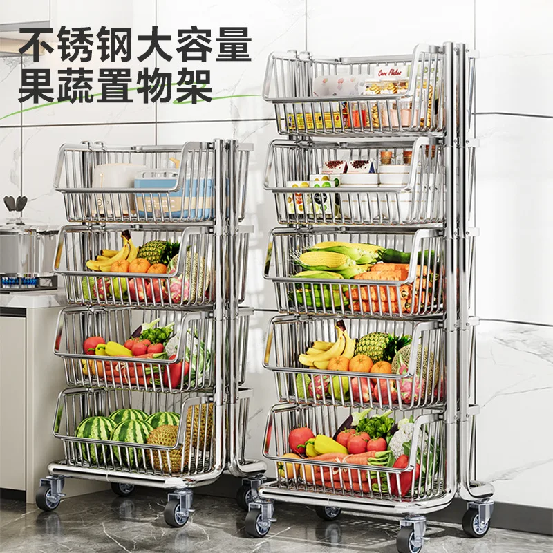 Stainless steel kitchen basket rack, removable snacks and vegetables multi-functional fruit and vegetable trolley storage rack