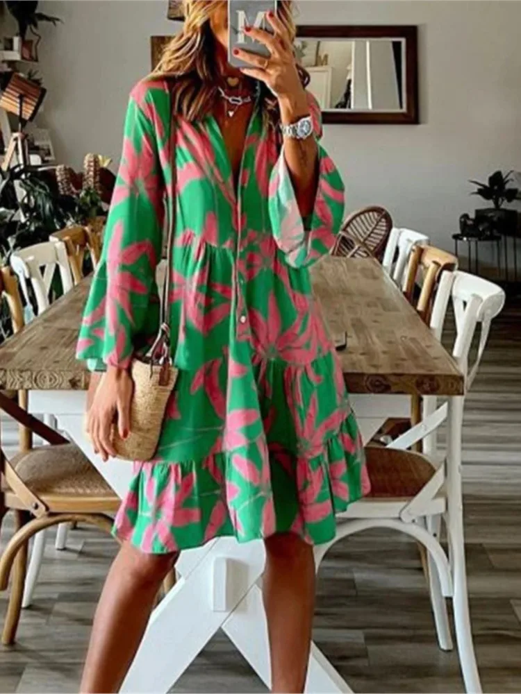 Autumn Boho Vacation Shirt Dresses For Women Sexy V-neck Flare Sleeve Elegant Ruffles Print Dress Spring Casual Loose Dress