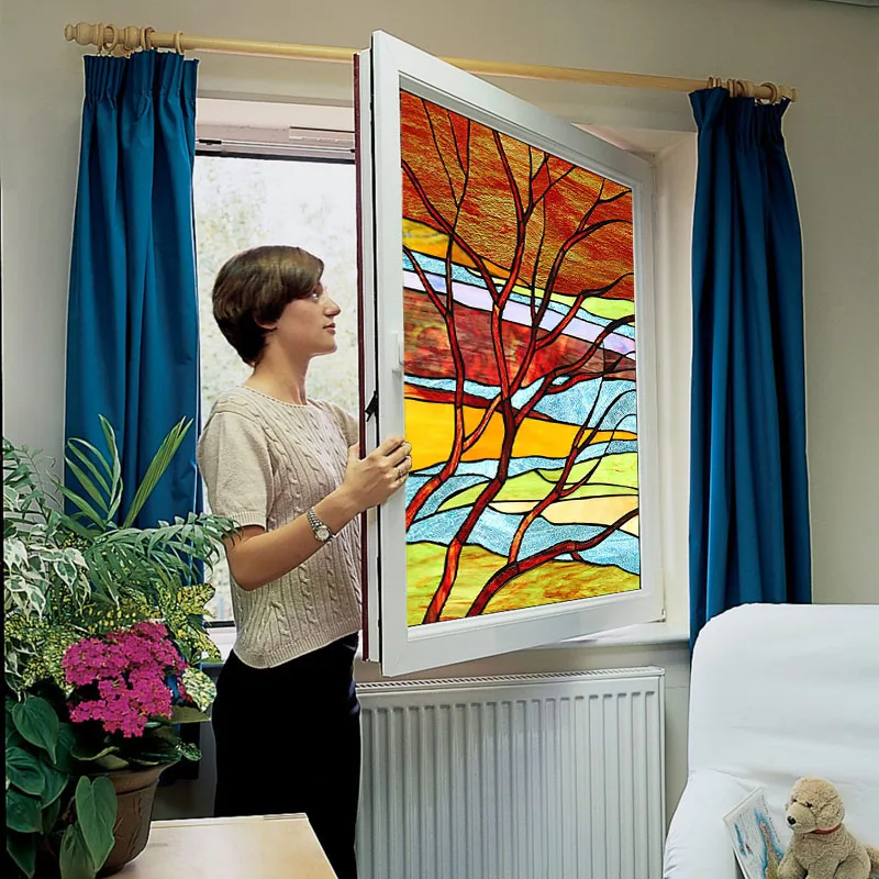 Custom Size Stained Window Glass Static Cling Privacy Film  Nature Landscape Flower Tree River View for Home Door Office Decor