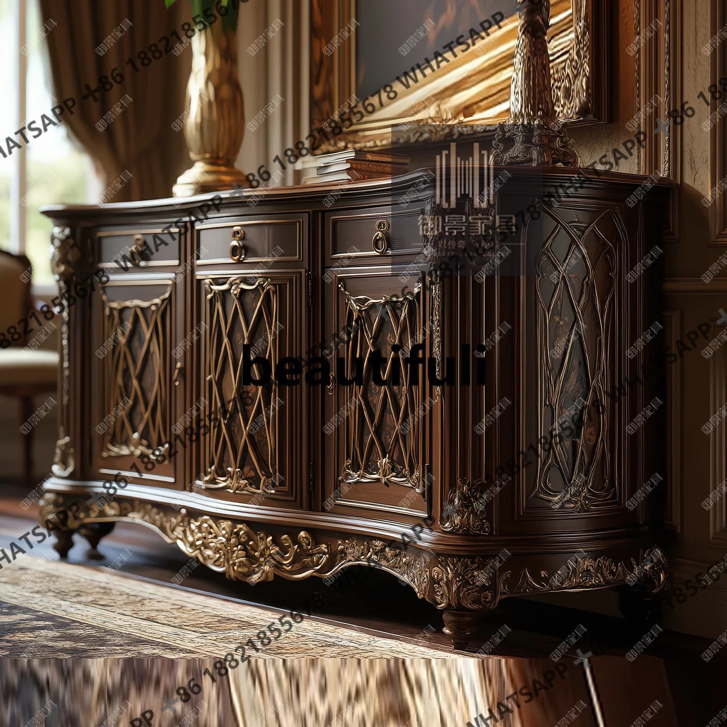 X188 Gothic solid wood entrance European carved display cabinet French wall storage tea cabinet bowl cabinet