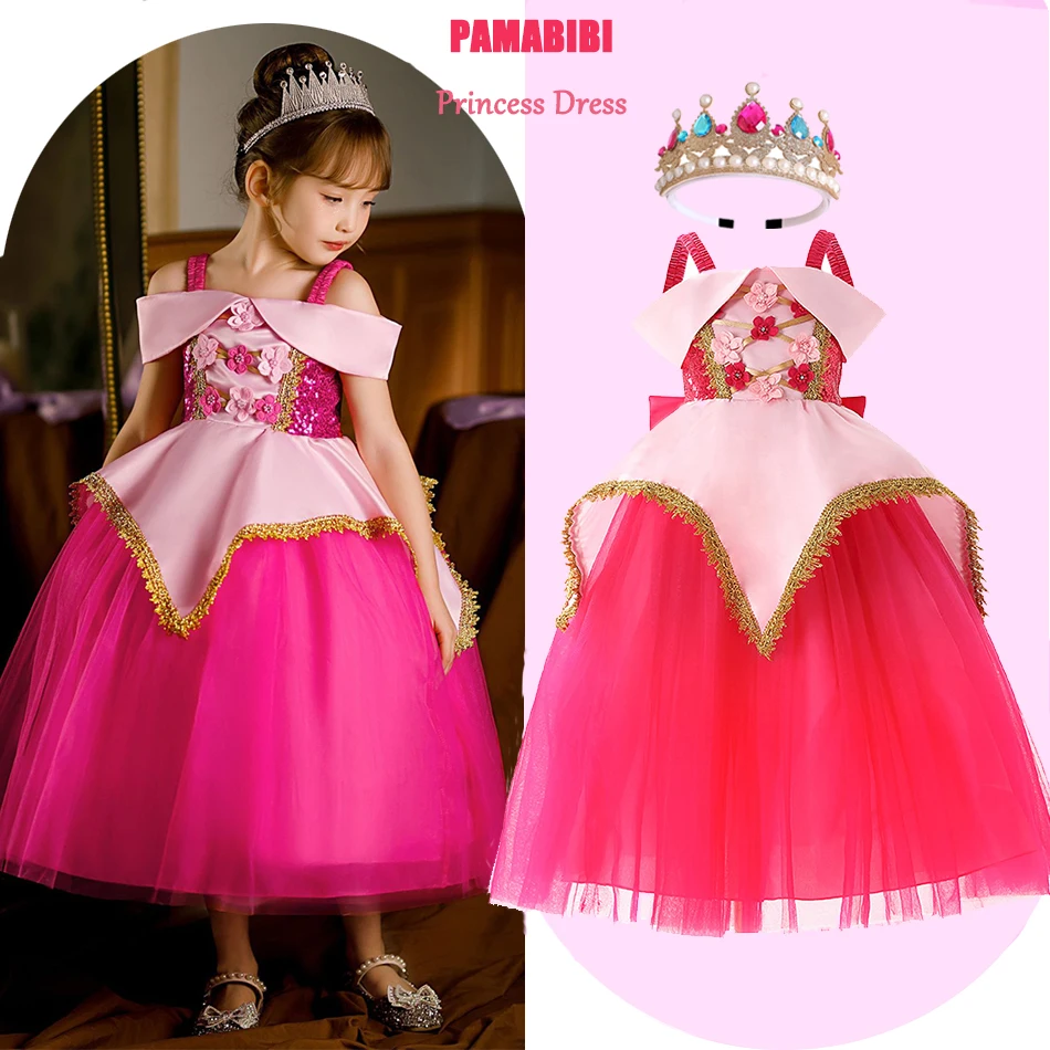 Girl Pink Dress For Sleeping Beauty Aurora Girls Drop Shoulder Sleeves Long Pink Puffy Mesh Dress Elegant Frocks Evening Gown