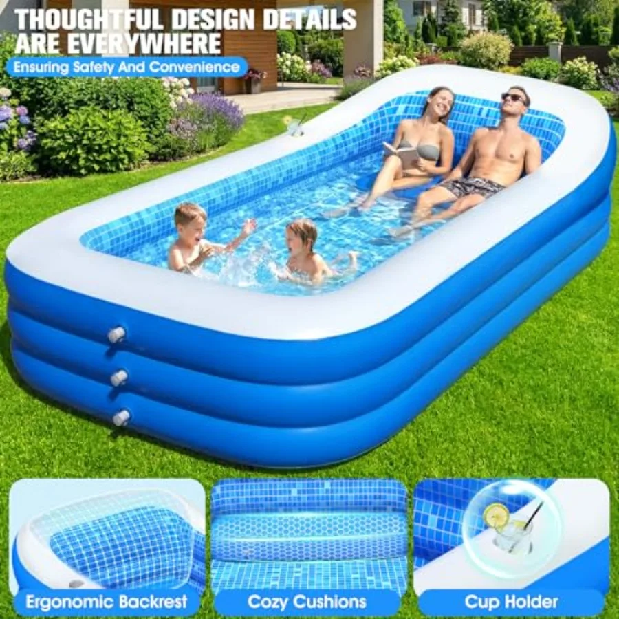 2026 Inflatable Pool with Canopy for Backyard Use PVC Blue Pool with Seat and Big Backrest UV-Resistant Shade for Adults 110x63