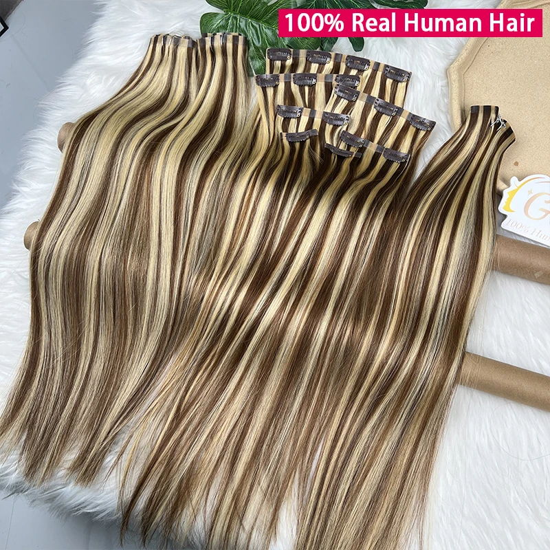 100% Human Hair P427 Highlight Invisible Clip in Hair Extensions Straight Raw Hair 7Pcs/100g PU Seamless Double Weft Clip Ins