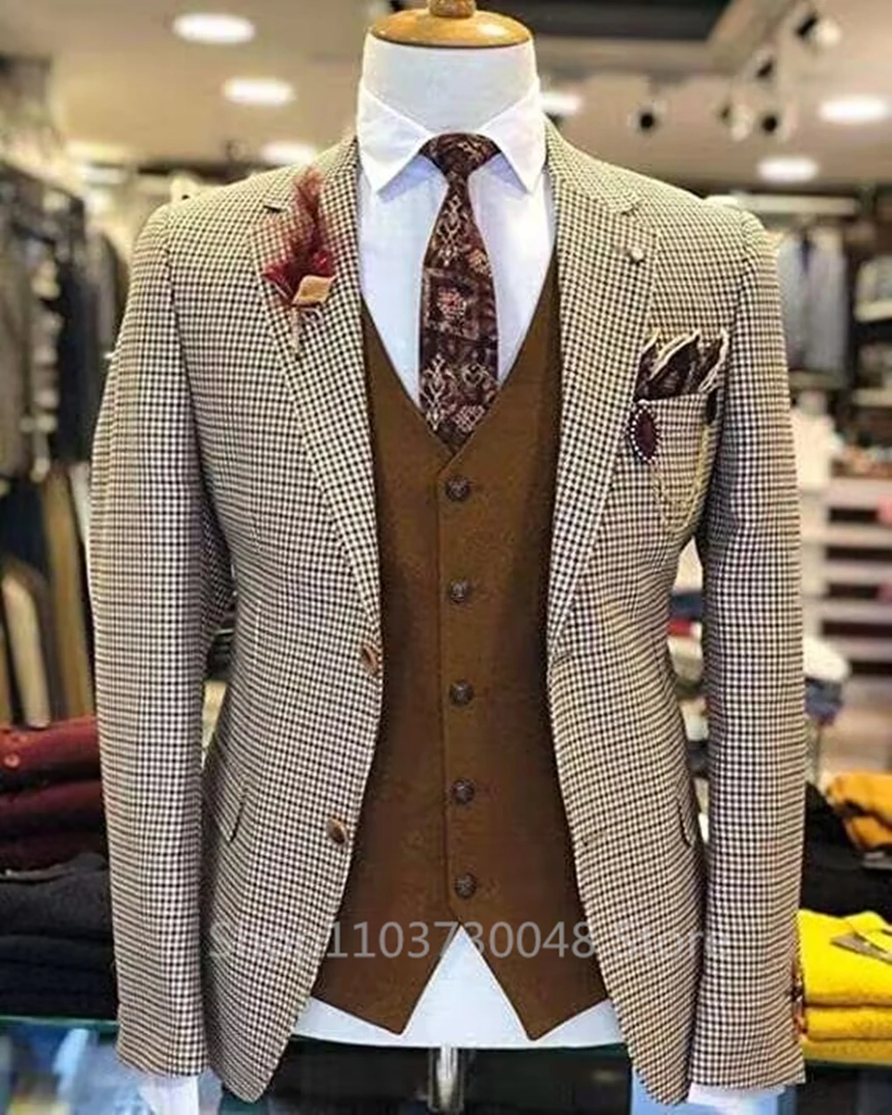 Men\'s Brown Houndstooth Blazer Single Breasted Formal Man Suit Jackets Coat Men\'s Stage Clothing for Men Male Blazer One Coat