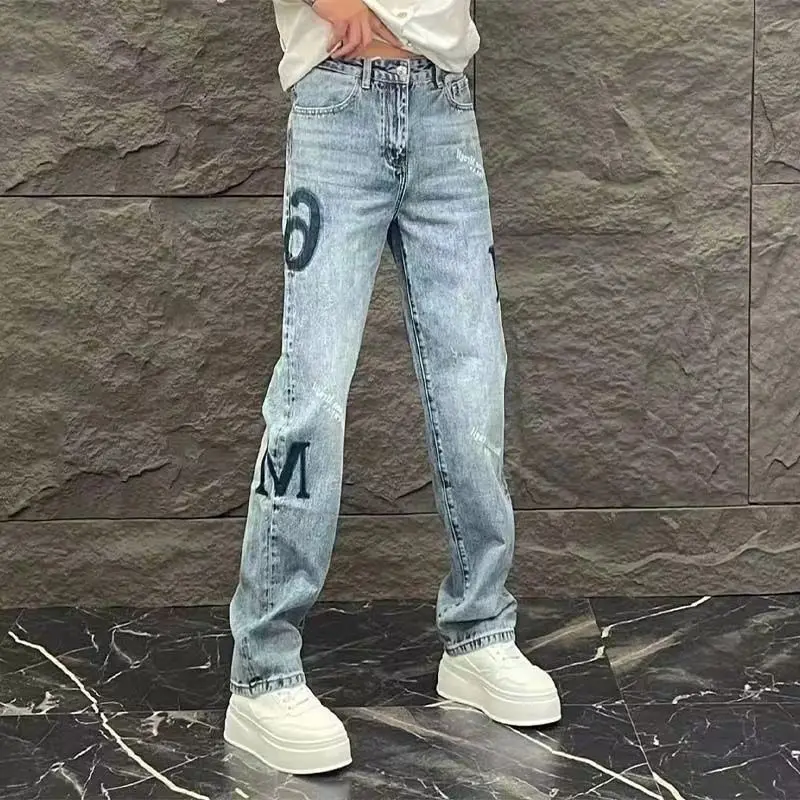 Celana Jeans Pria Model Kaki Lebar Musim Semi dan Gugur, Serbaguna, Fashion, Bermotif, Kasual, Stretch, Trendi, Biru, Model Lurus