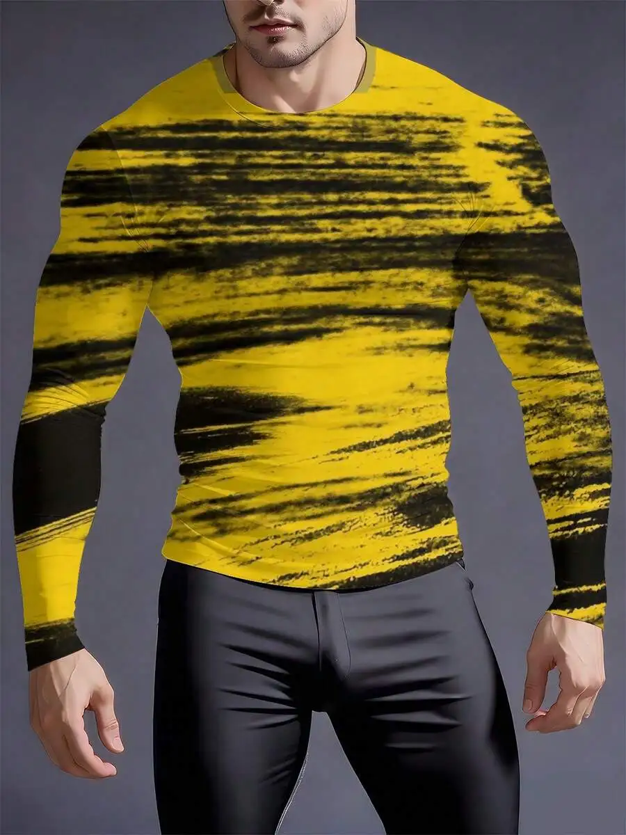 

Mens 3D Patterned Crew Neck Long Sleeve Compression Top For Casual And Athletic Wear