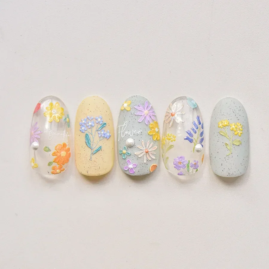 1pcs 5D Embossed Nail Stickers Colored Flowers Nail Art Stickers Spring Wildflowers Self Adhesive Transfer Manicure Decor Decals