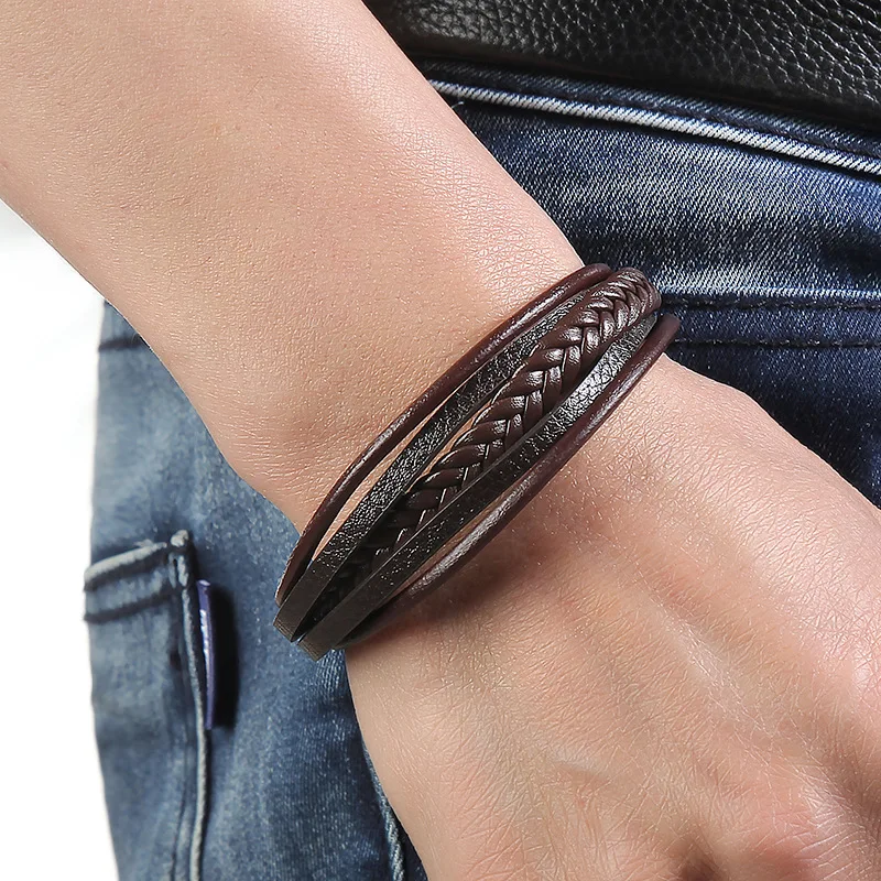 20cm Length Men Leather Rope Braided Bracelet Hot Sales Alloy Magnetic Buckle Bracelets Bangles Female Party Jewelry