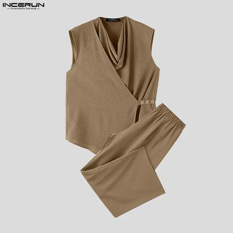 INCERUN Men Sets Solid Color Sleeveless Irregular Shirt Pants Two Piece Sets Streetwear 2026 Casual Men Matching Sets Tracksuits