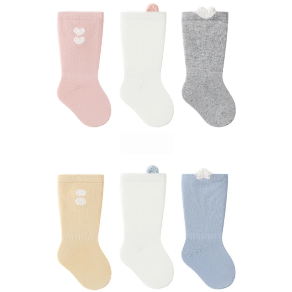 3 Pairs Pack Kids Socks Cotton Seamless Solid Infant Long Socks Cute 3D Decor Cuff Toddler Footwear for 0-5Y Spring Autumn