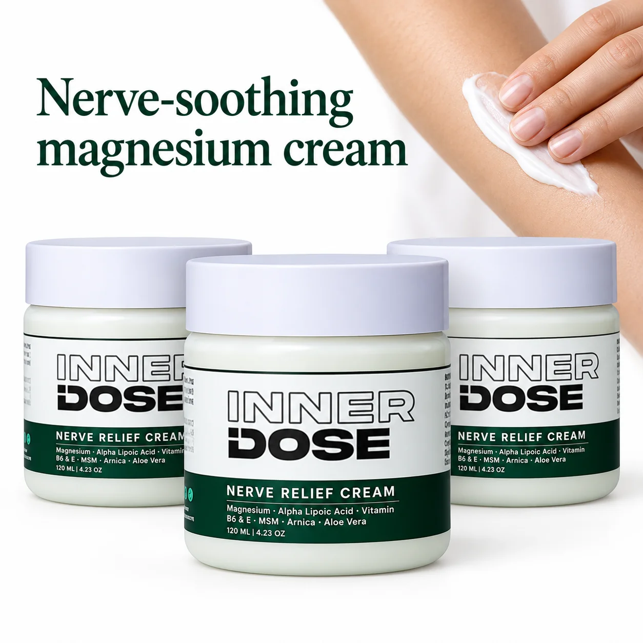 Inner Dose Nerve Soothing Magnesium Cream Arnica MSM Body Lotion Fast Absorbing Moisturizer for Hands Feet Knees Legs