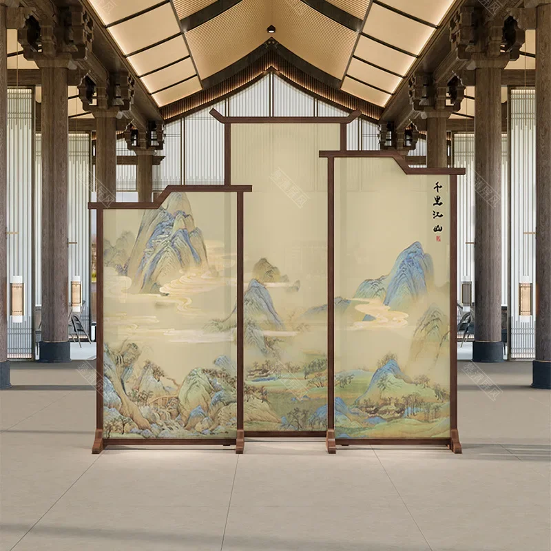 New Chinese Style Vast Rivers and Mountains Map Solid Wood Screen Home Mobile Seat Screen Company Lobby Decoration Office Cover
