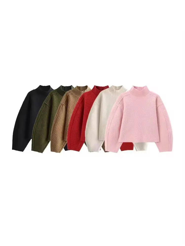 RFZA-Women's Patchwork Oversized Sweatshirts, High Neck, Lantern Sleeve, Female Pullovers, Chic Tops, Fashion