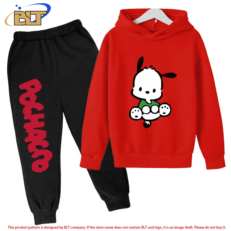 Pochacco-Ensemble sweat à capuche et pantalon en peluche pour enfants, sweat-shirt de sport rouge, adapté aux garçons et aux filles, ensemble 2 pièces