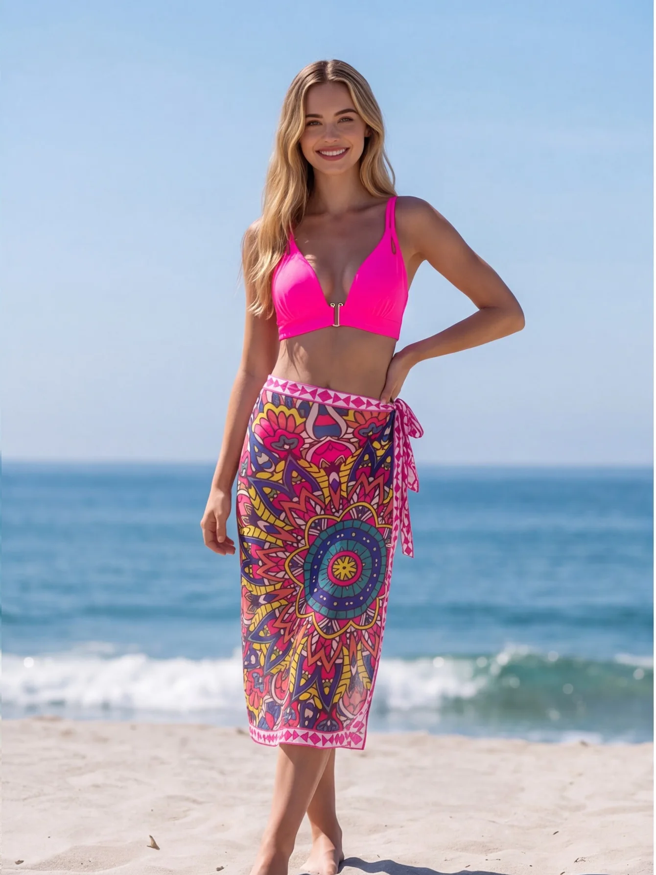 Solid Light Pink V-Neck Bikini Set for Women, Mandala Print Bohemian Beach Wrap Skirt 2-Piece Outfit
