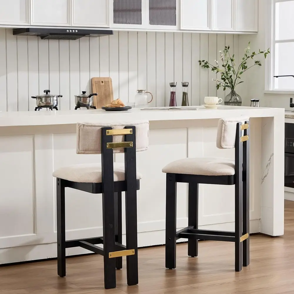 

Linen-Cushioned Kitchen Stools Set of 2, Black Wood Legs, Boho Style, Beige Upholstery, Counter Height