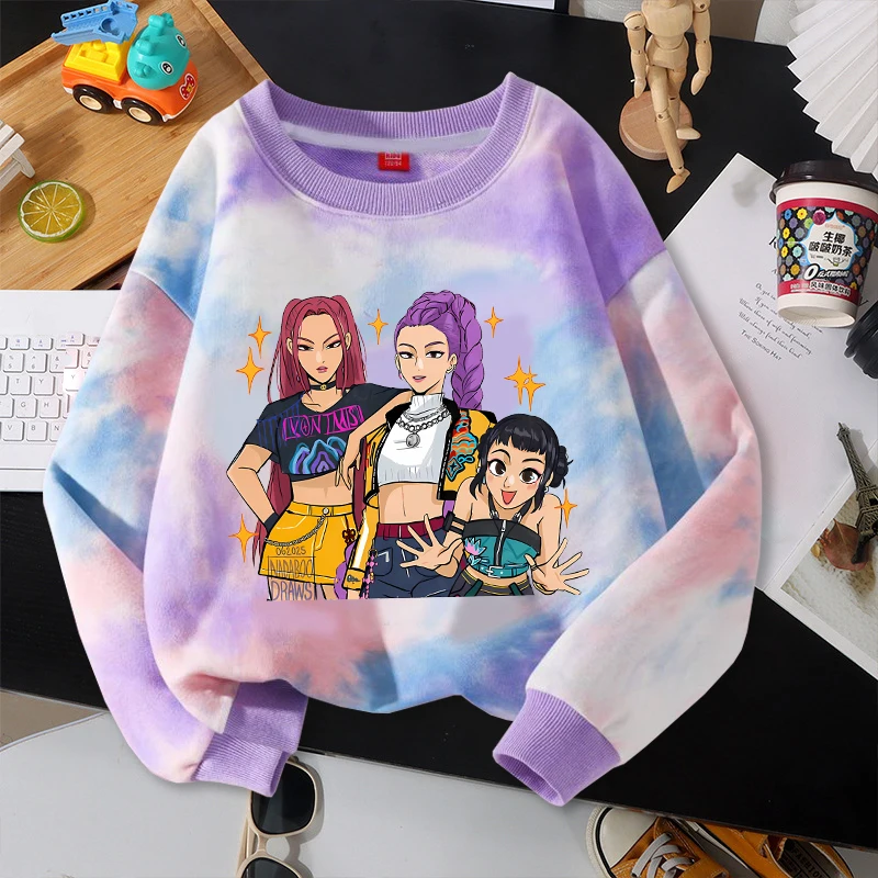 Move K-Pop Demon Hunters Tie Dye Pola Kaus Musim Panas Lengan Panjang Pullover Lucu Kartun Leher Bulat Hadiah Atasan Ulang Tahun Anak-anak