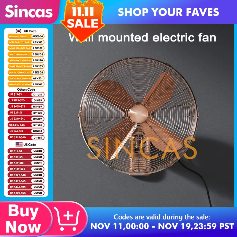Vintage Metal Wall-Mounted Oscillating Fan 100° Adjustable 3 Speeds High Velocity Antique Copper Home Commercial Restaurant