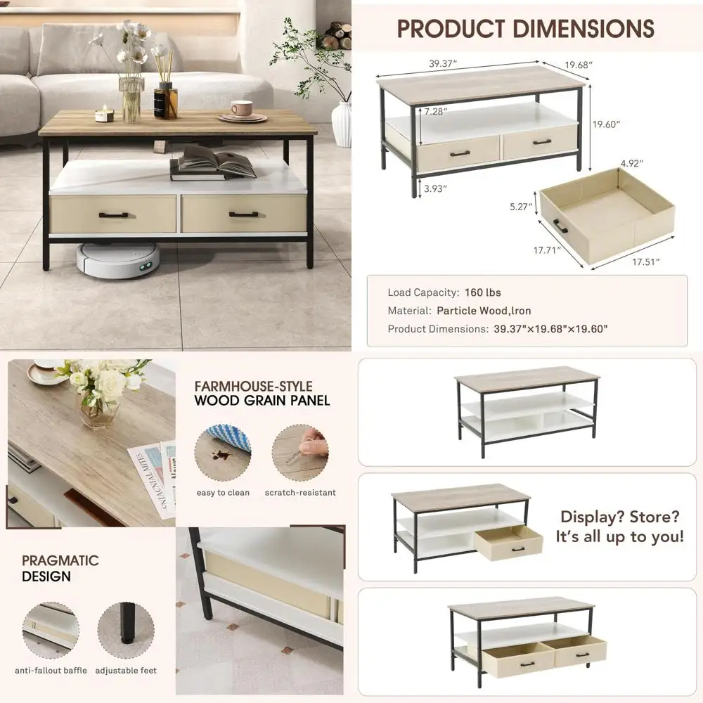 

Farmhouse-Style Coffee Table with Storage Shelf and 2 Removable Folding Drawers