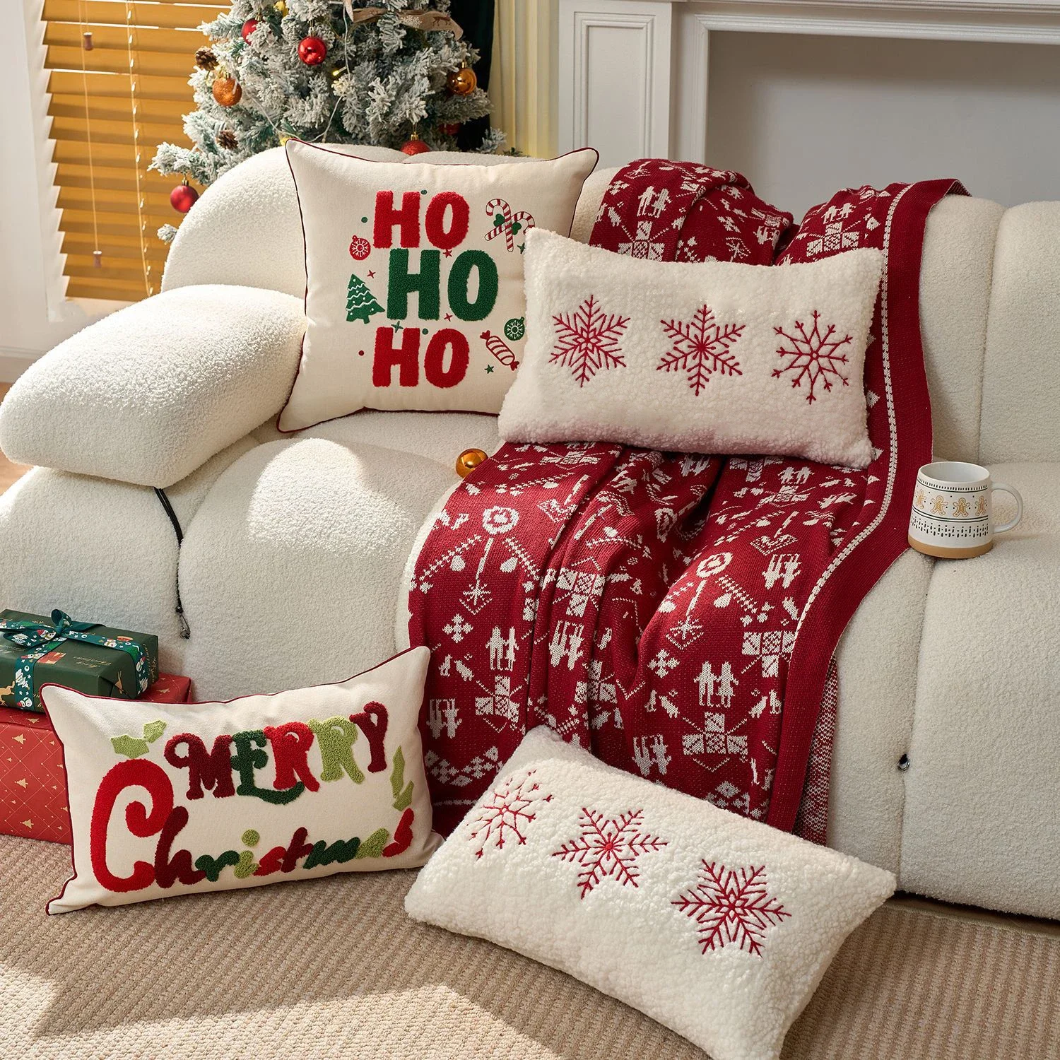 Christmas Red Green Embroidered Throw Pillowcase Cojines Canvas Red Snowflake Sofa Throw Pillow Cushion Cover 30x50/45x45cm