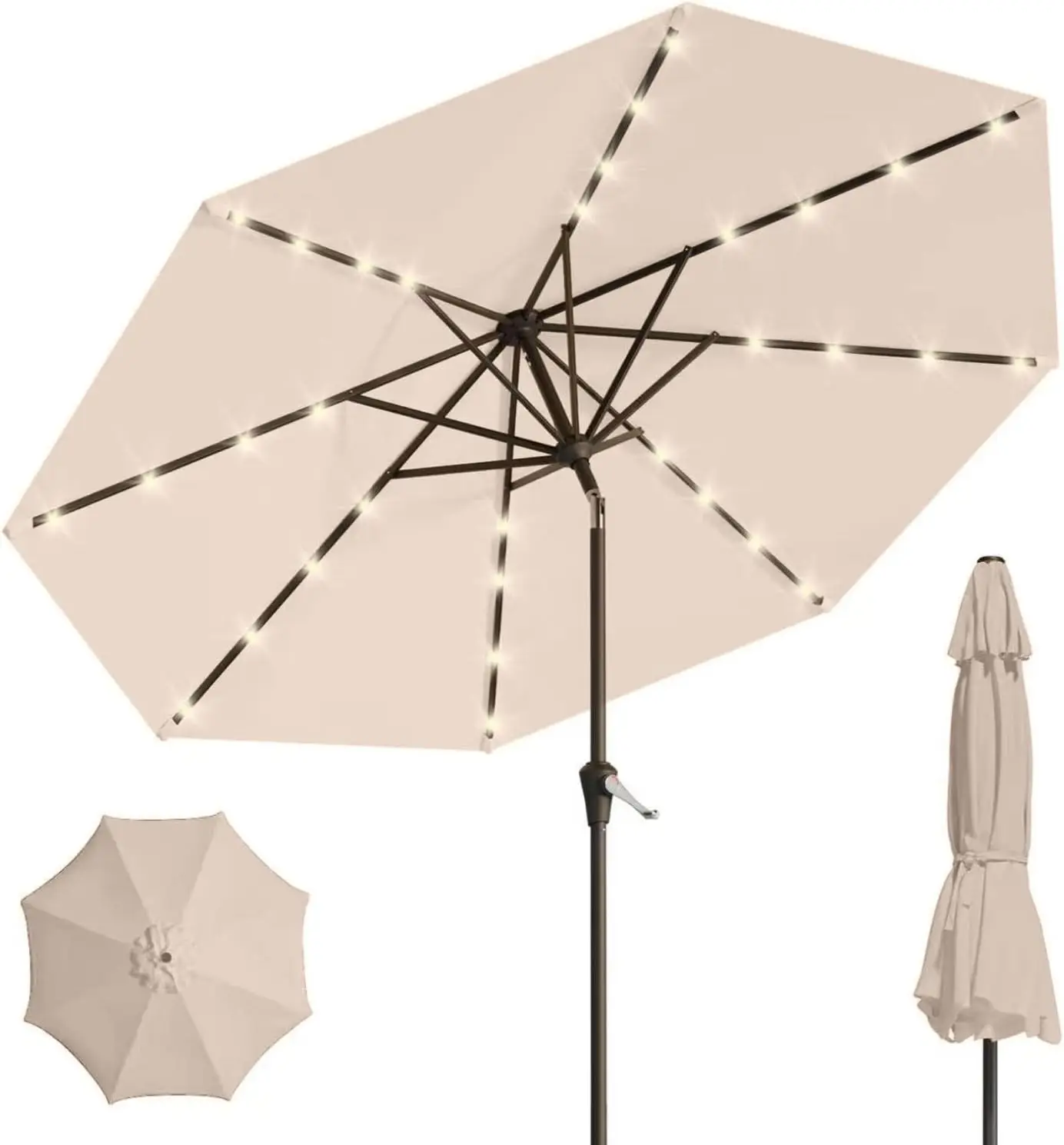 9' Solar LED Patio Umbrella with Tilt & Crank|8 Sturdy Ribs,UV Protection,Outdoor Market Table Umbrella (Beige)