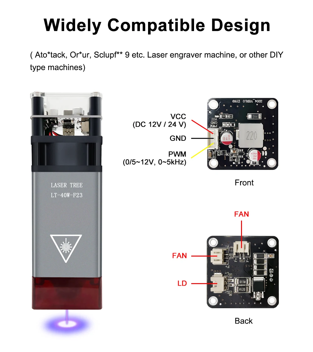 LASER TREE 40W Fixed Focus Laser Module with Metal Hood for CNC Laser Engraver Cuting Engraving Wood 450nm Blue TTL Module Tools