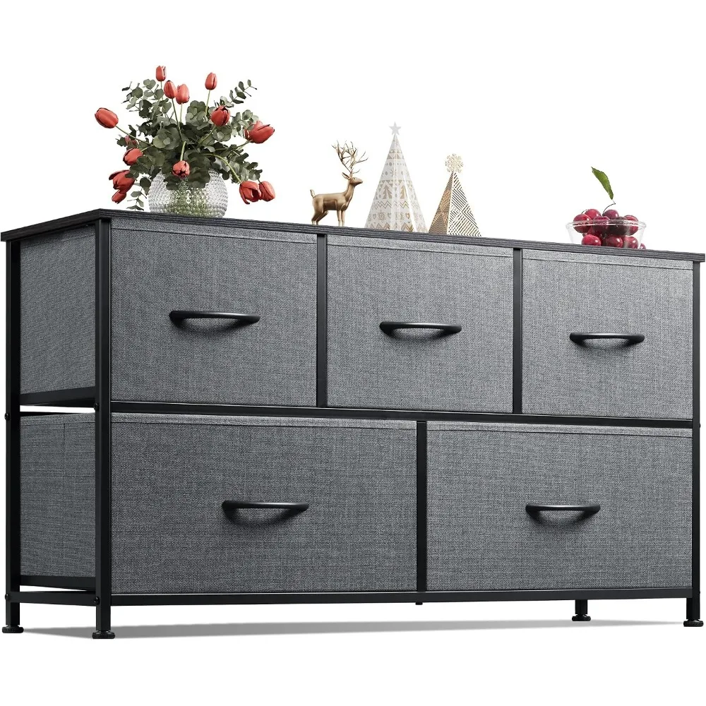 Wide 5-Drawer Dresser for Bedroom: Spacious Fabric Drawers, Dark Grey, Sturdy Steel Frame, Wood Top