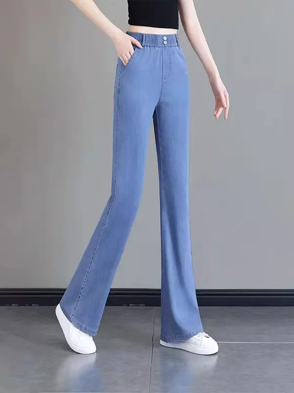 

Тонкие джинсовые джинсы с высокой талией, женские шелковые расклешенные брюки с девятью точками, новые летние брюки из ледяного шелка