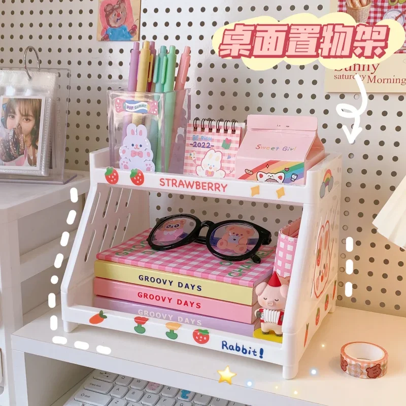 Desktop Storage Rack Double Layer Cosmetics Jewelry Rack Student Stationery Organizer Rack PP Folding Kitchen Storage Rack Kawai